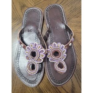 Beaded Leather Thong Sandals Brown Purple Boho Flip Flops Size 38